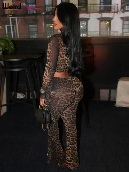 Weird Puss Leopard Print Sexy 2Piece Set Women See Through Midnight Full Sleeve Crop Tops+Pants Matching Clubwear Skinny Outfits