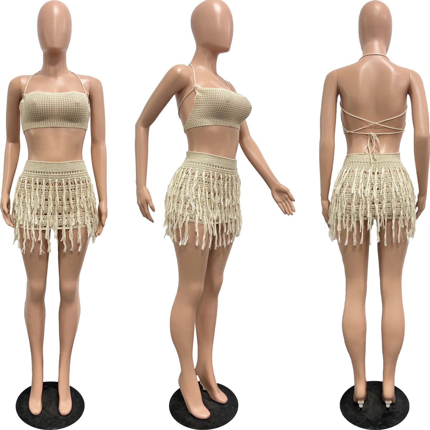 Weird Puss Knit 2 Piece Sets Woman Summer Sexy Backless Bandage Halter Camisole+Tassel Skirts Party Skinny Matching Clubwear