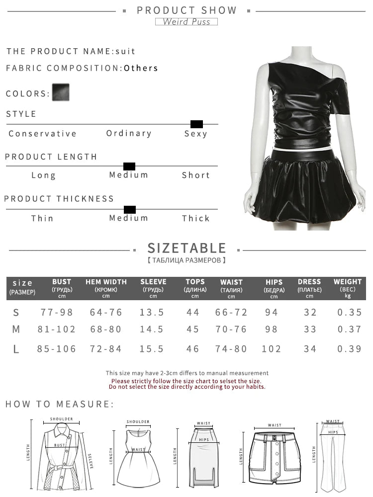 Girls Of Fashion Leather Hipster 2 Piece Set Women Irregular Skew Collar Crop Tops+Wide Waist Puffy Skirt Matching Streetwear Outfits