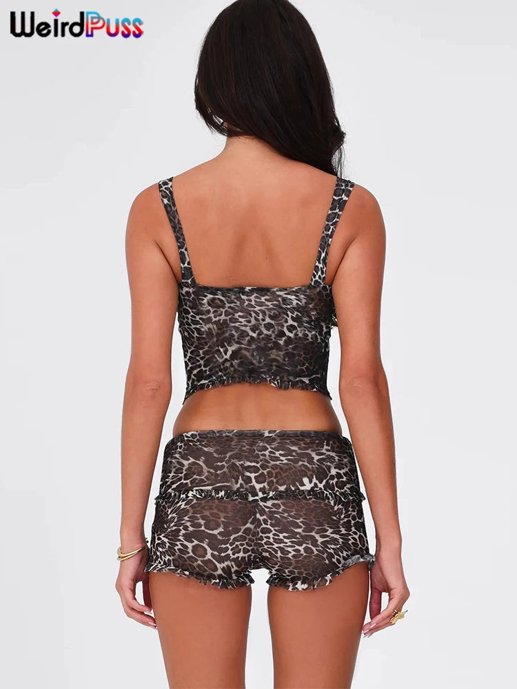 Weird Puss See Through Sexy 2 Piece Set Women Leopard Print Single-Breasted Camisole+Ruffles Shorts Summer Matching Clubwear