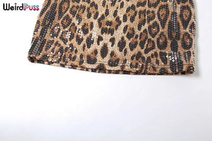 Weird Puss Tight Tank Dress Women Leopard Sequins Summer Trend Stretch Low-Neck Skinny Streetwear Birthday Party Mini Bodycon