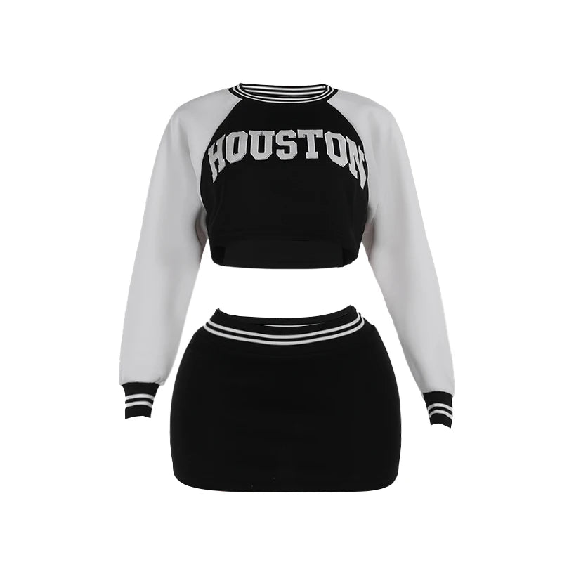 Weird Puss Letter Embroidered 2 Piece Set Women Tracksuit Patchwork Full Sleeve Crop Tops+Peach Hip Skirts Stretch Matching Suit