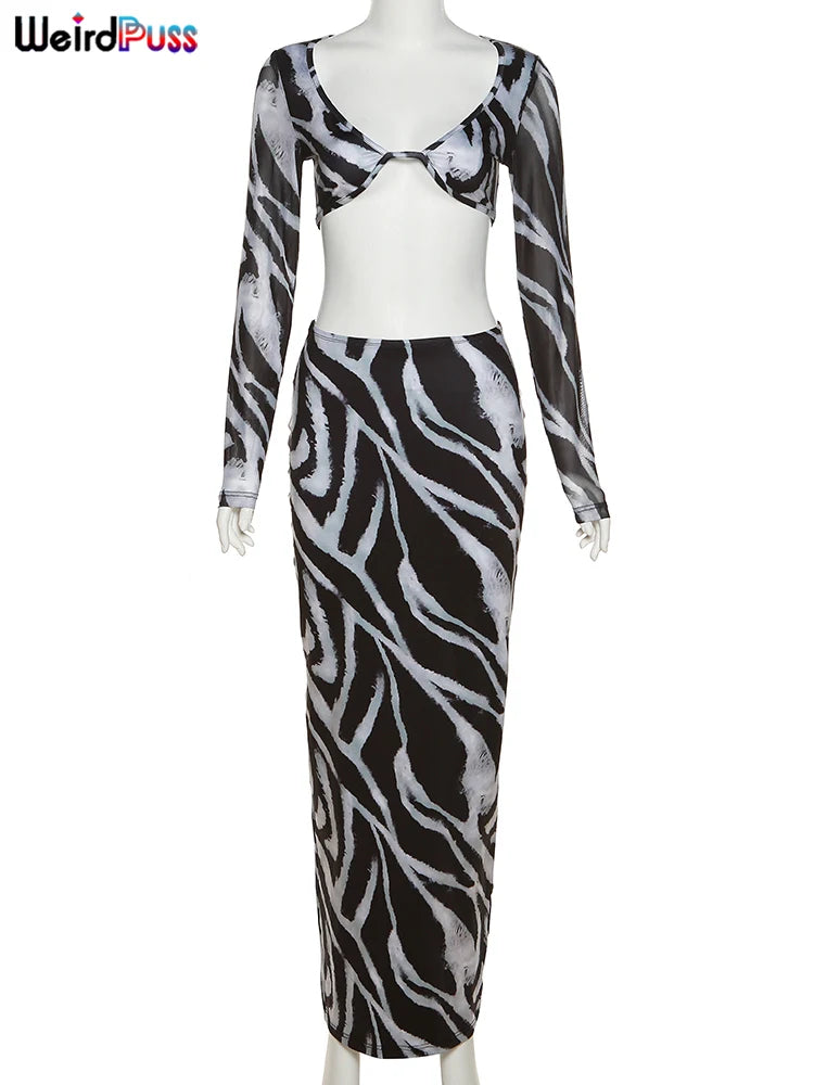 Weird Puss Zebra Print 2 Piece Set Long Sleeve Elegant Fashion Cut Crop Top+Maxi Skirts Matching Slim Coquette Clubwear Outfits