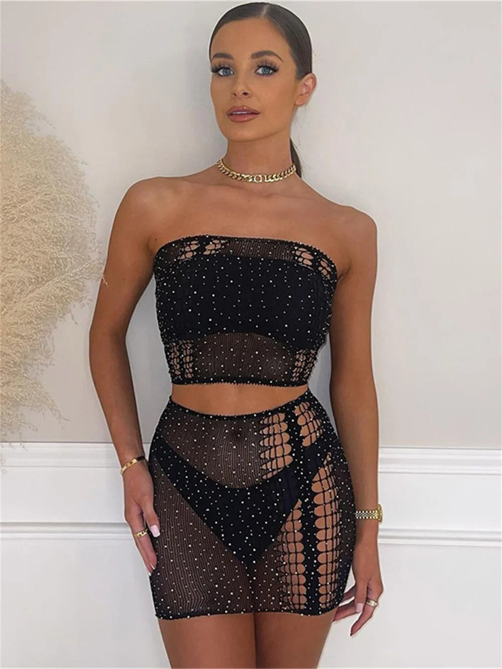 Weird Puss Sexy Summer Women 2 Piece Set Pearl Hollow See Through Midnight Coquette Strapless Tops+Skirts Matching Clubwear