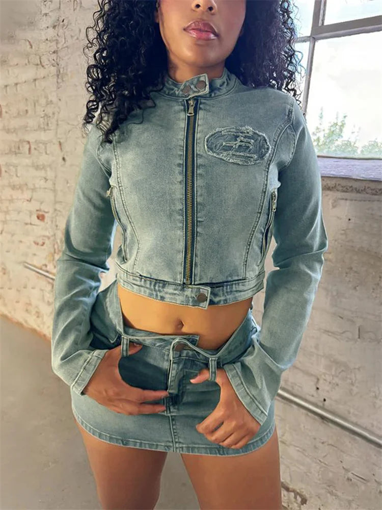 Girls Of Fashion Denim Embroidery 2 Piece Set Women Trend Waistless Zipper Long Sleeve Button Neck+Stretch Number Logo Mini skirt Suit