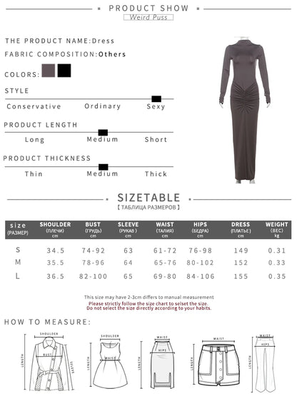 Weird Puss Hipster Ruched Dress Women o-NeckFull Sleeve  Skinny Stretch Robe Autumn Trend Simple Classic Pleats Long Bodycon %