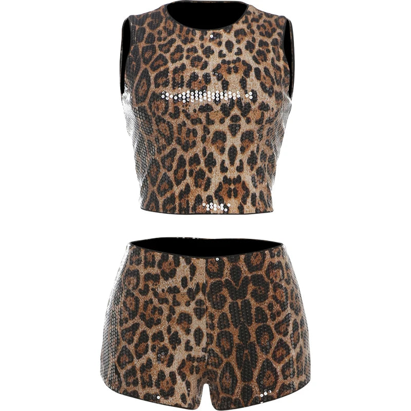 Weird Puss Sequins Leopard Print 2 Piece Set Women Tracksuit Summer Trend Tank Tops+Shorts Matching Skinny Streetwear Outfits D4