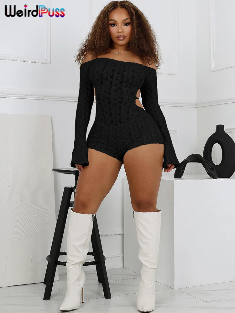 Weird Puss Knit Thin Romper Women Slash Neck Backless Fall Elegant Full Sleeve Hipster Playsuit Street Workout Shorts Overalls %