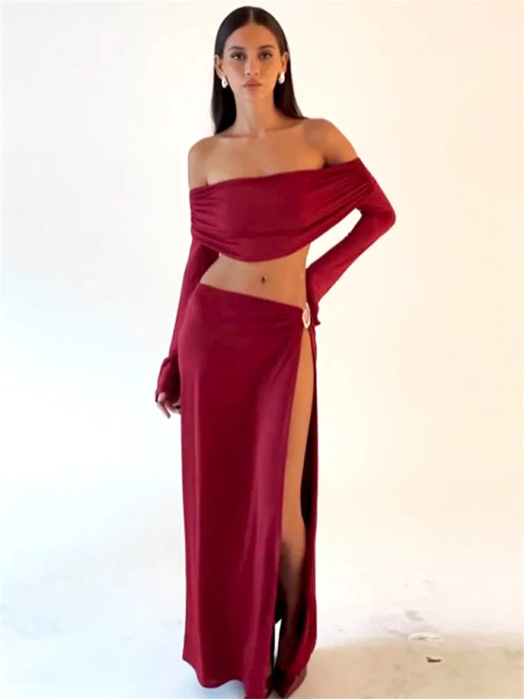 Girls Of Fashion Sexy Elegant 2 Piece Set Women Pleats Slash Neck Waistless Crop Tops+Metal Rings Patchwork Long Skirts Clubwear Suit