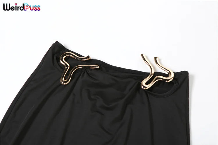 Girls Of Fashion Sexy Autumn New Trend 2 Piece Set Solid Skinny Metal Buckle Crop Tops+Maxi Skirts Elastic Matching Streetwear Outfits