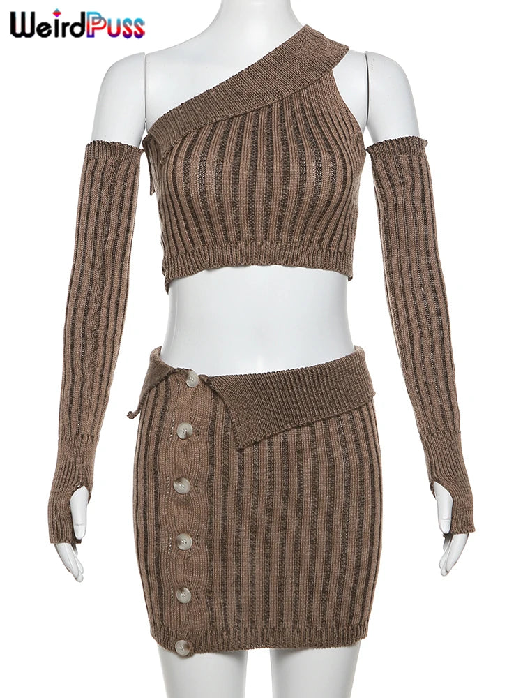 Weird Puss Knit Stripe 2 Piece Set Women Skew Collar Lapel Tank Tops+Glove+Button Chic Skirts Matching Streetwear Slim Outfits