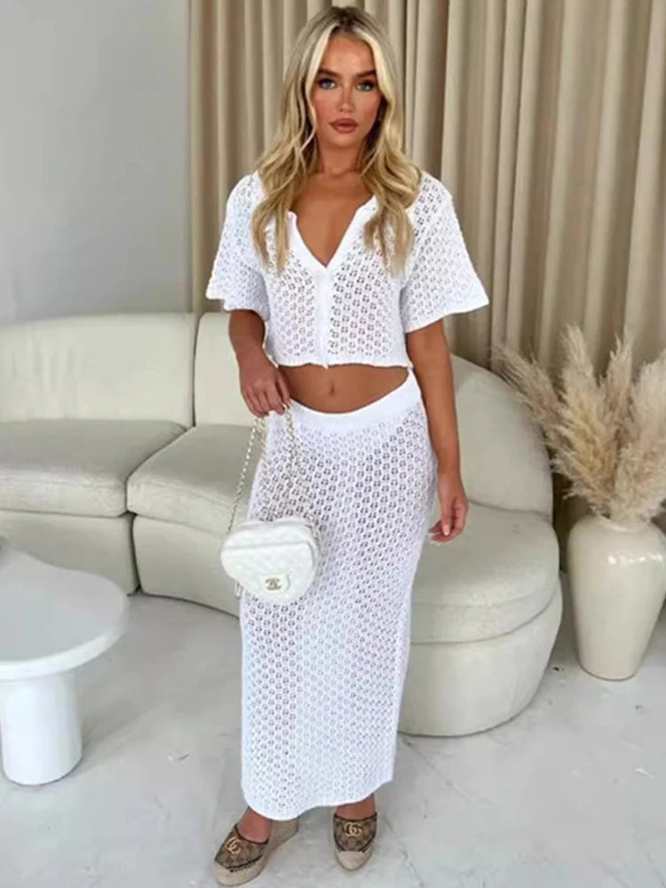 Girls Of Fashion Crochet Elegant 2 Piece Set Women Cardigan Single Breasted Short Sleeved Jacket+Simple Stretch Solid Long skirts Suit