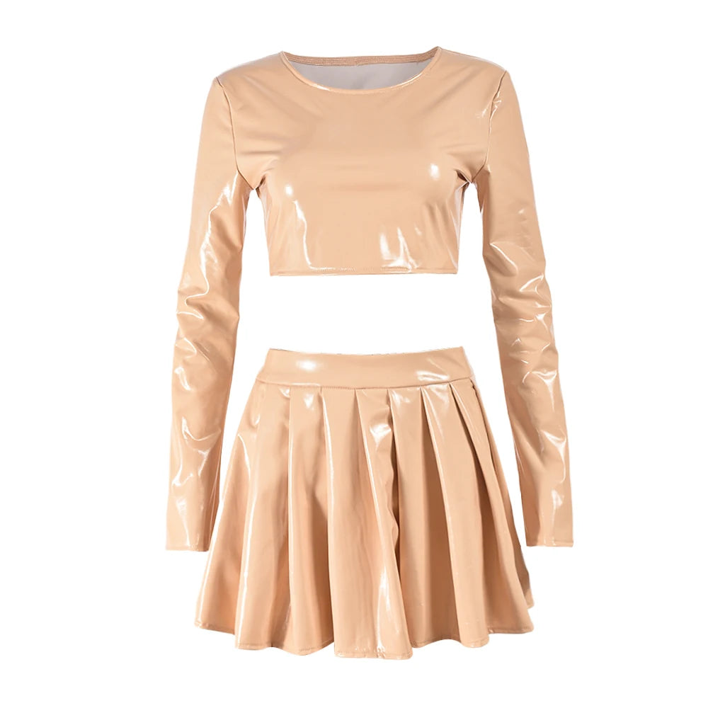 Girls Of Fashion Faux Leather Women 2 Piece Set Luxury Long Sleeve Crop Tops+Pleated Skirts Basic Classic Matching Clubwear Outfits