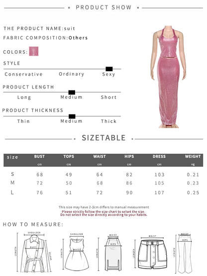 Weird Puss Sequins Women 2 Piece Set Summer 2025 Trend Glitter Halter Tank Tops+Long Skirts Matching Clubwear Skinny Vestidos D4