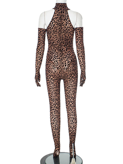 Girls Of Fashion Wild Leopard Print 2 Piece Set Women Long Sleeve Glove+Turtleneck Strapless Skinny Jumpsuit Street Trend Sexy Suit  //