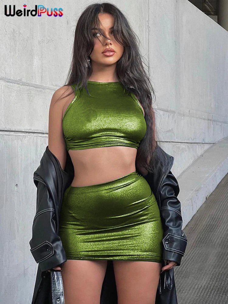 Weird Puss See Through Shiny 2 Piece Set Women Waistless Simple Tank Tops+Shirring Hip Skirt Matching Streetwear Trend Outfits