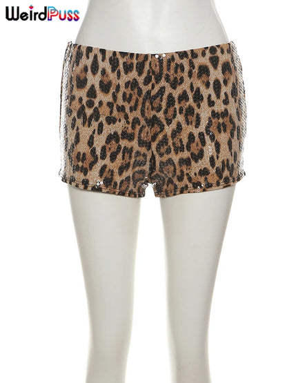 Weird Puss Sexy Sequins Shorts Women Leopard Print Patchwork Wild Skinny Basic Club Street Summer Midnight Sexy Trend Buttoms D4