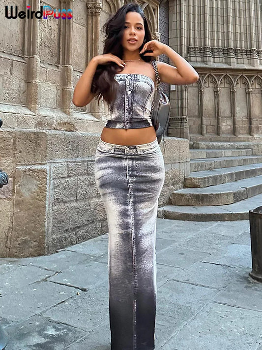 Weird Puss Fake Denim Print Women 2 Piece Set Skinny Chic Hipster Strapless Tops+Maxi Skirts Matching Casual Streetwear Outfits