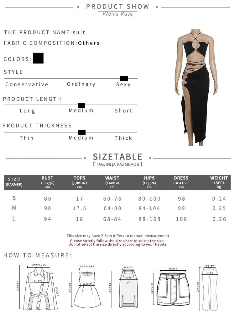 Weird Puss Sexy Summer 2 Piece Set Women Halter Camisole+Hollow Metal Buckle Cross Bandage Split Skirts Matching Party Clubwear