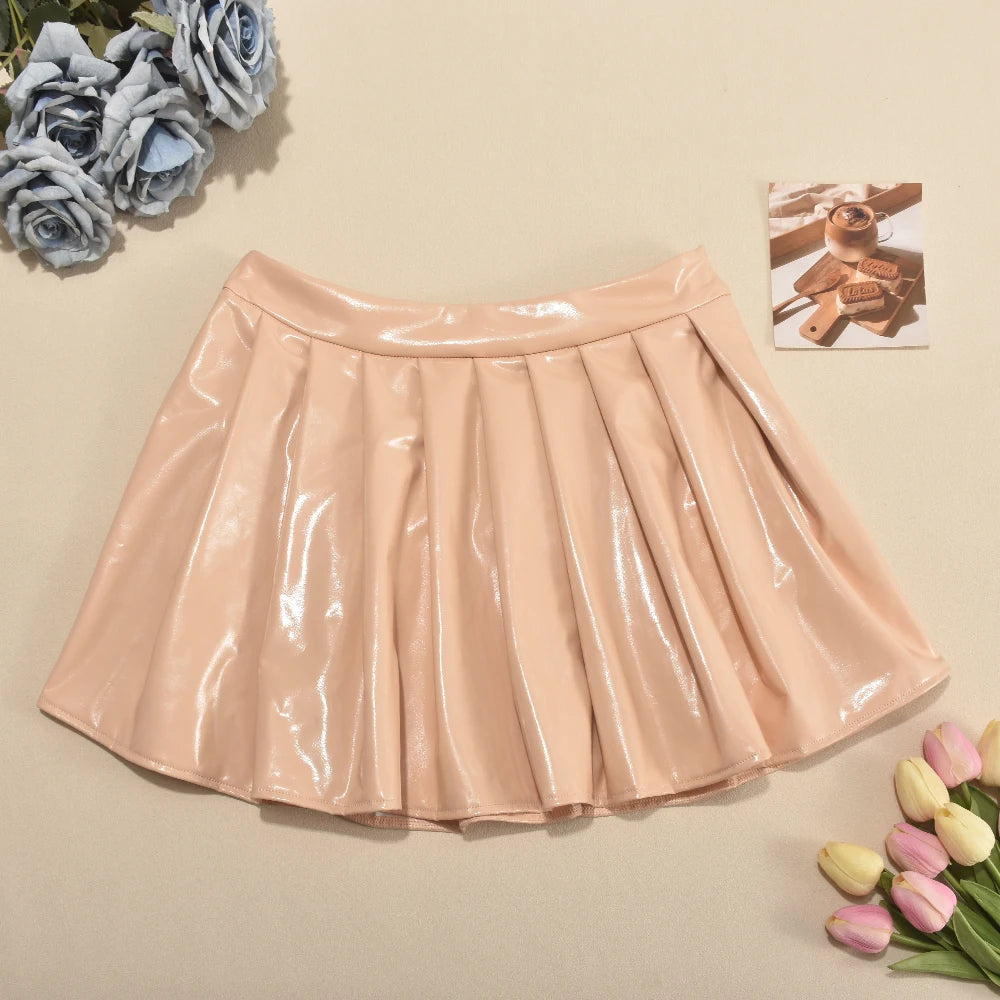 Girls Of Fashion Faux Leather Women 2 Piece Set Luxury Long Sleeve Crop Tops+Pleated Skirts Basic Classic Matching Clubwear Outfits