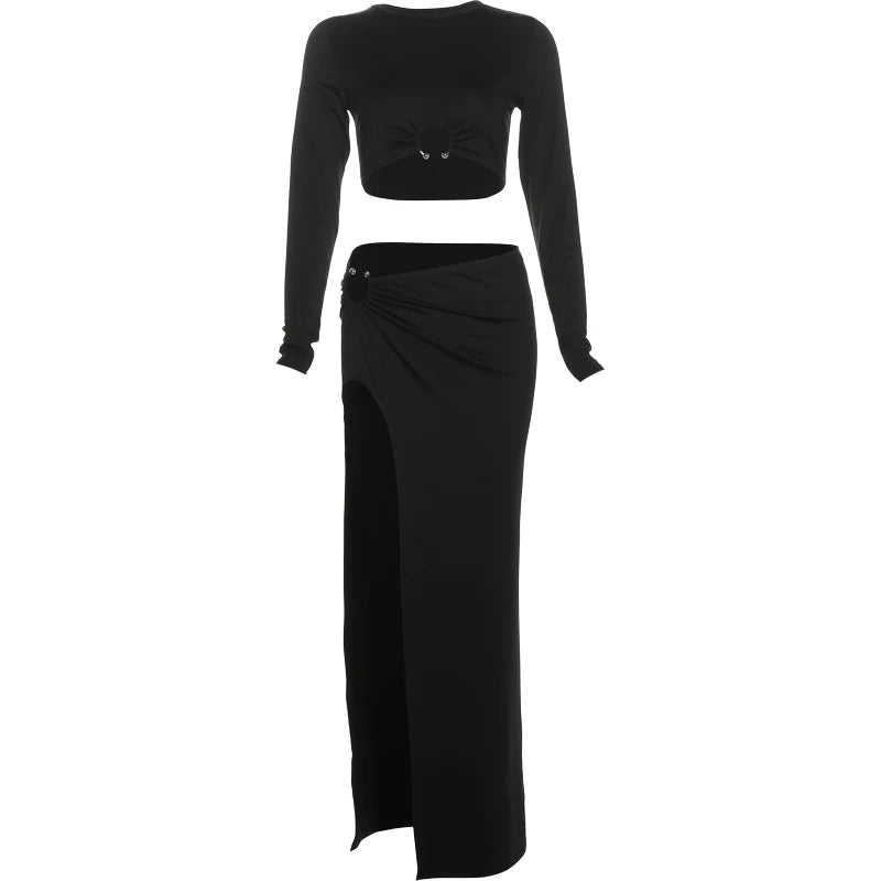 Weird Puss Sexy Metal Buckle 2 Piece Set Women Full Sleeve Solid Crop Tops+Pleats Slits Long Skirts Stretch Matching Club Suit