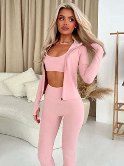 Weird Puss Casual Sporty 2 Piece Set Women Turtleneck Zipper Long Sleeve Jacket+Skinny Solid Straight Pants Workout Tracksuit