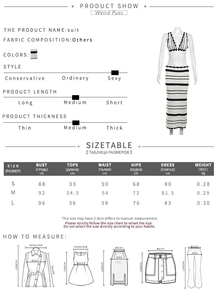 Weird Puss Crochet Stripe Women 2 Piece Set Y2K Vacation Beach Style Lace Camisole+Long Skirts Elegant Matching Clubwear Outfits