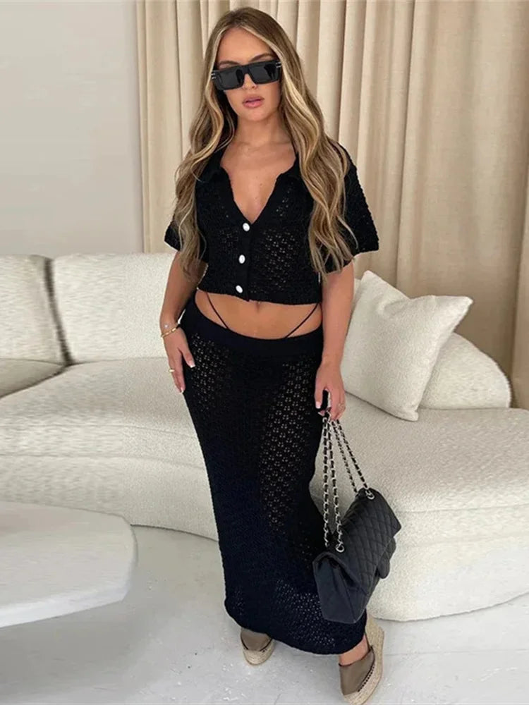 Girls Of Fashion Crochet Elegant 2 Piece Set Women Cardigan Single Breasted Short Sleeved Jacket+Simple Stretch Solid Long skirts Suit