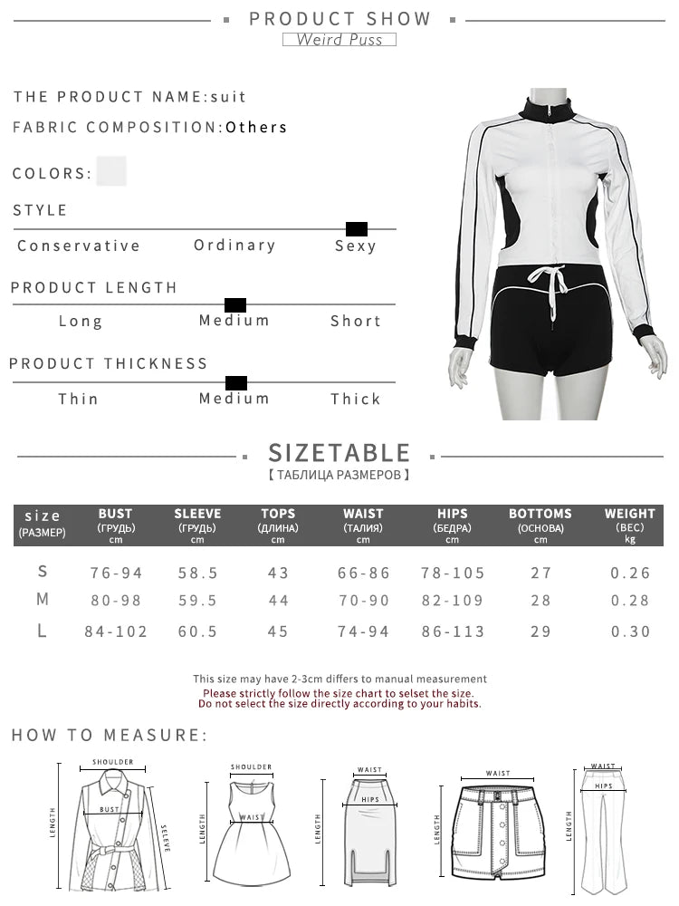 Weird Puss Casual Sporty 2piece Set Women Fall Trend Zip Hipster Patchwork Crop Jacket+Shorts Matching Classic Tracksuit Outfits