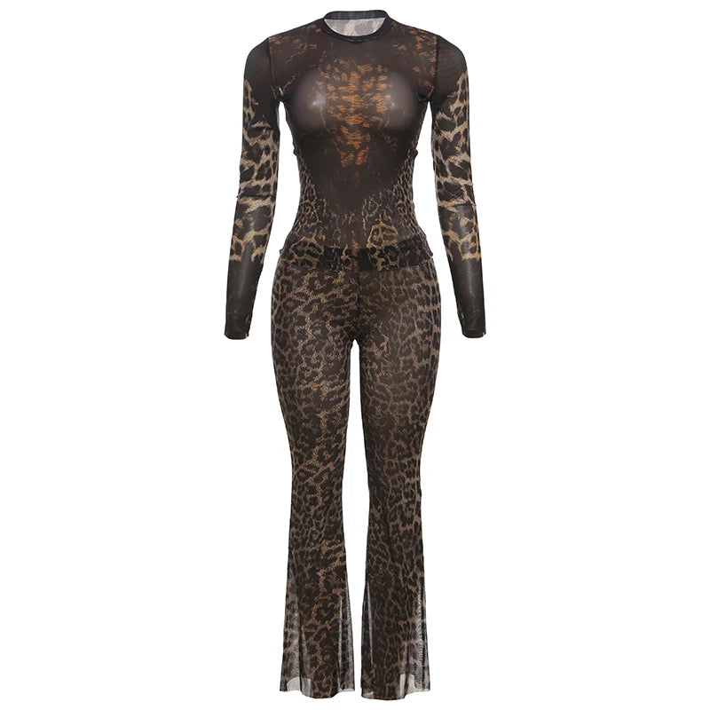 Weird Puss Leopard Print Sexy 2Piece Set Women See Through Midnight Full Sleeve Crop Tops+Pants Matching Clubwear Skinny Outfits