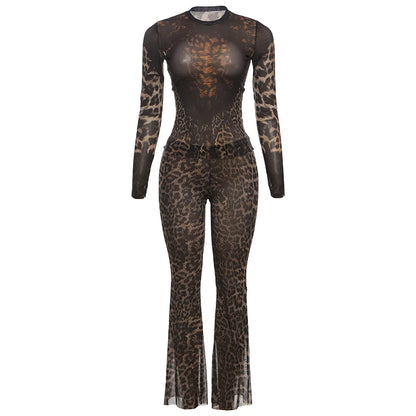 Weird Puss Leopard Print Sexy 2Piece Set Women See Through Midnight Full Sleeve Crop Tops+Pants Matching Clubwear Skinny Outfits