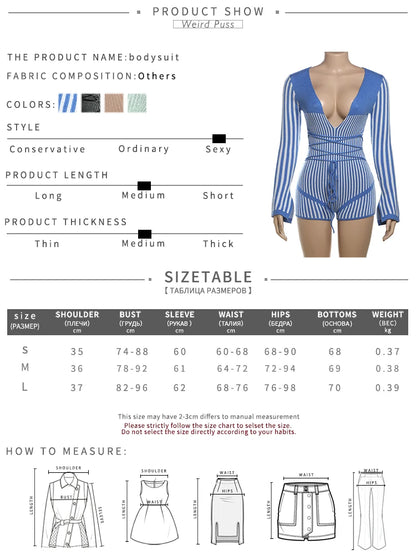 Weird Puss Crochet Bandage Playsuits Women Low-Neck Contrast Striped Patchwork Long Sleeve Autumn Trend Vacation Skinny Romper