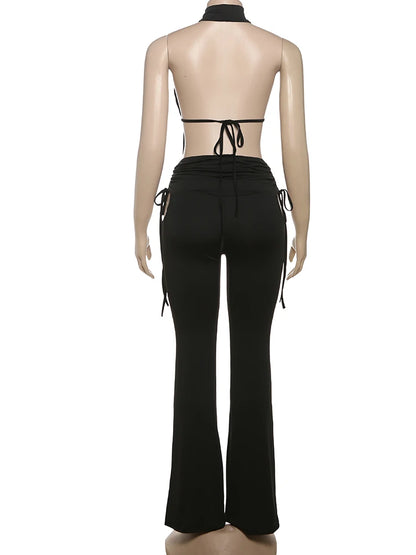 Weird Puss Sexy Women 2Piece Set Y2K Bandage Ruched Halter Backless Camisole+Side Hollow Flare Pants Midnight Club Matching Suit D4