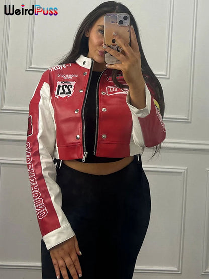 Girls Of Fashion Hipster Patchwork Jacket Women Y2K Letter Print Hipster Uniform Street Single-Breasted Hipster Autumn Trend Zip Coat //