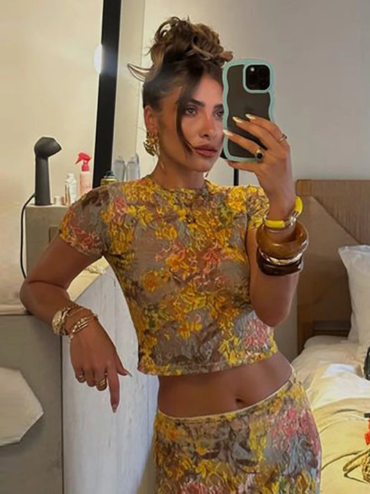 Weird Puss See Through Women 2 Piece Set Colorful Print Shorts Sleeve Crop Tops+Long Skirts Matching Midnight Clubwear Outfits D4