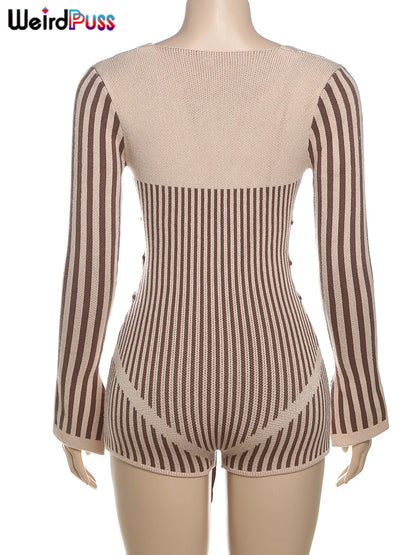 Weird Puss Crochet Bandage Playsuits Women Low-Neck Contrast Striped Patchwork Long Sleeve Autumn Trend Vacation Skinny Romper