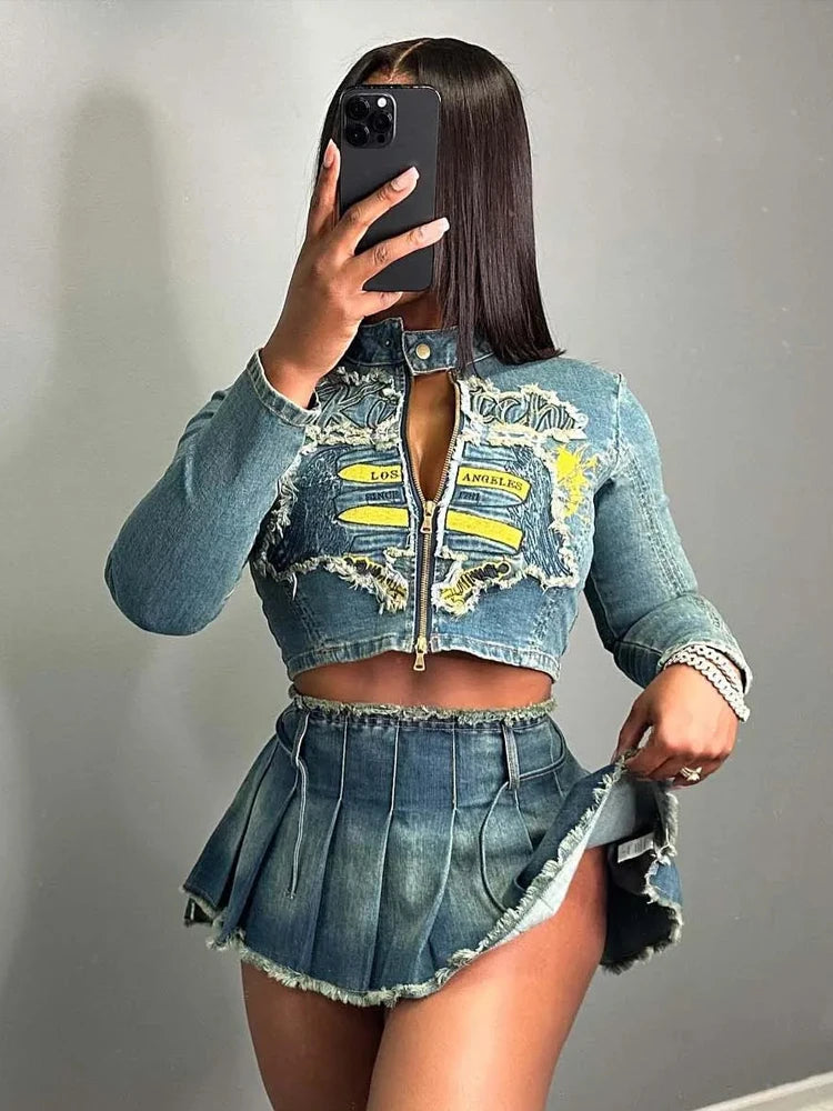 Weird Puss Y2K Denim 2 Piece Set Women Fall Ripped Letter Embroidery Zip Jacket+Pleated Skirt Matching Street Hipster Outfits