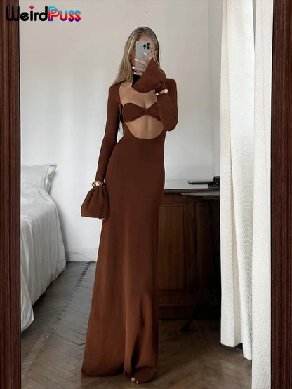 Weird Puss Hollow Sexy Dress Women Chest Wrap Stretch Flared Sleeve Loose Hem Chic Trend Prom Wedding Party Elegant Long Bodycon %