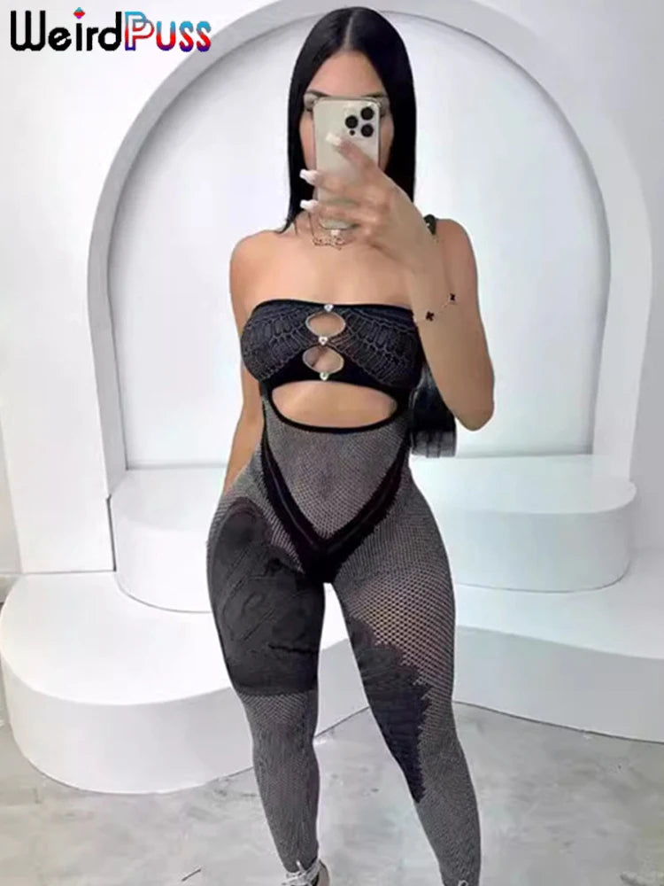 Weird Puss Rhinestones Patchwork Jumpsuit Women Irregular Hollow Slash Neck Backless Sleeveless Sexy Trend Skinny Streetwear