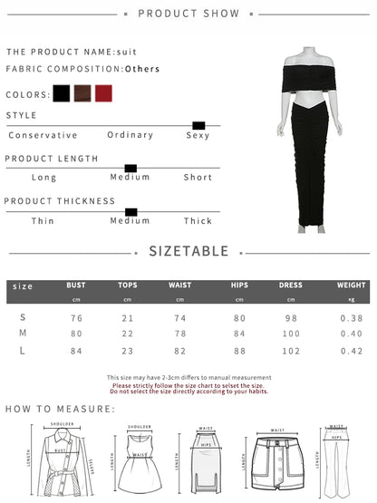 Weird Puss Elegant Ruched 2 Piece Set Women Slash Neck Crop Tops+Elastic Waist Solid Long Skirts Matching Prom Skinny Outfits D4