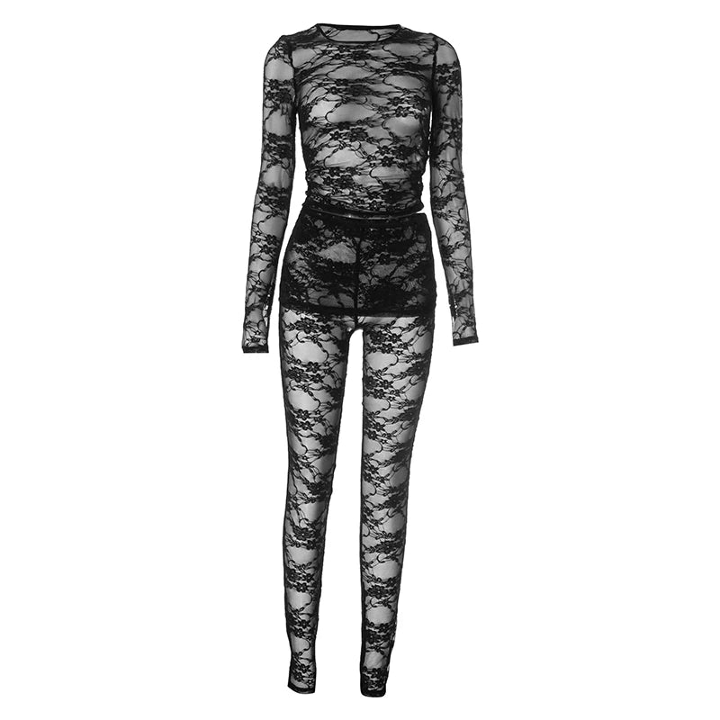 Girls Of Fashion Mesh Sexy 2 Piece Set Women Stretch Jacquard Crop Tops+Skirts Leggings Midnight Clubwear Party Matching Rave Outfits