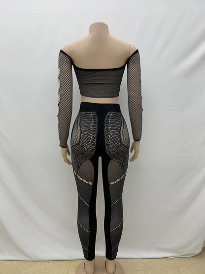 Weird Puss Sexy Thick Women 2Piece Set Chic Hollow Rhinestones Slash Neck Crop Tops+Patchwork Leggings Stretch Matching Clubwear