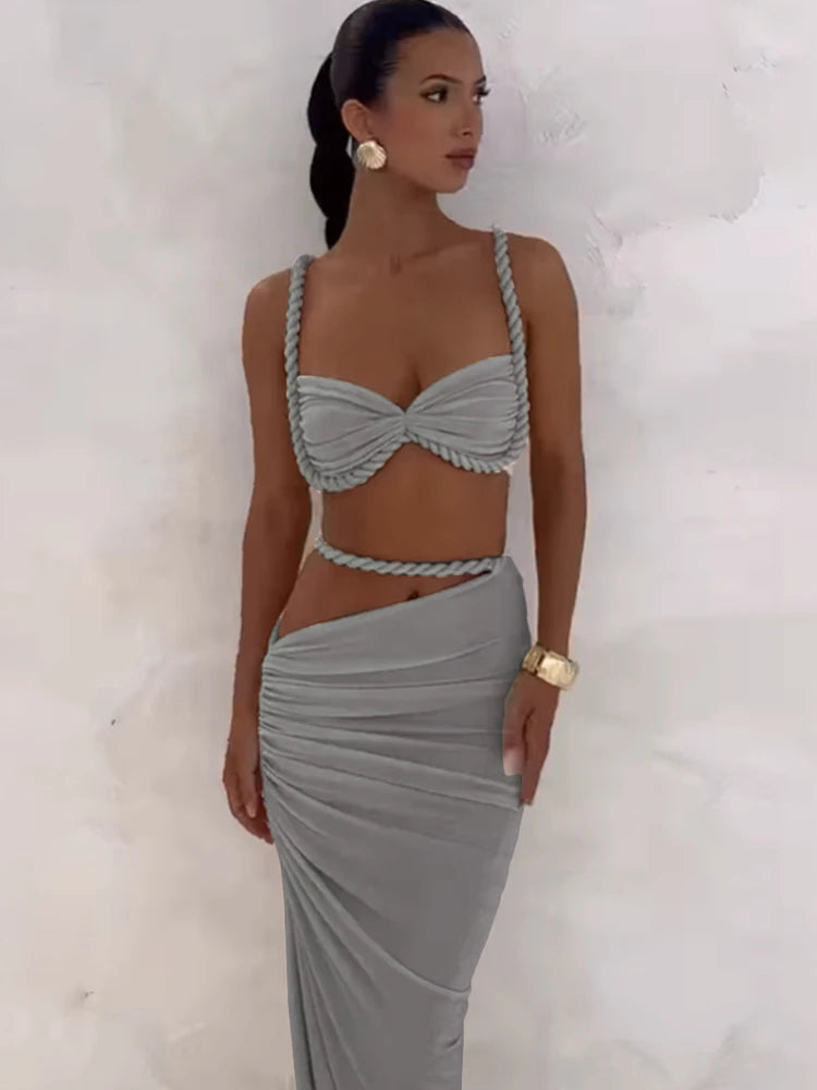 Girls Of Fashion Bandage Ruched 2 Piece Set Women Square Collar Bra+Skinny Long Skirts 2025 Summer Vacation Beach Party Trend Suits D4