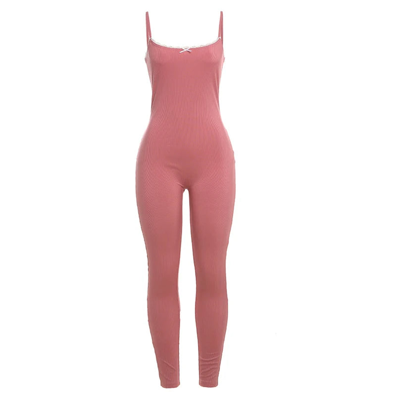 Weird Puss Fitness Ribbed Jumpsuit Women Lace Stretch Sleeveless Sporty Casual Activity Simple Body-Shaping Summer Slim Overalls