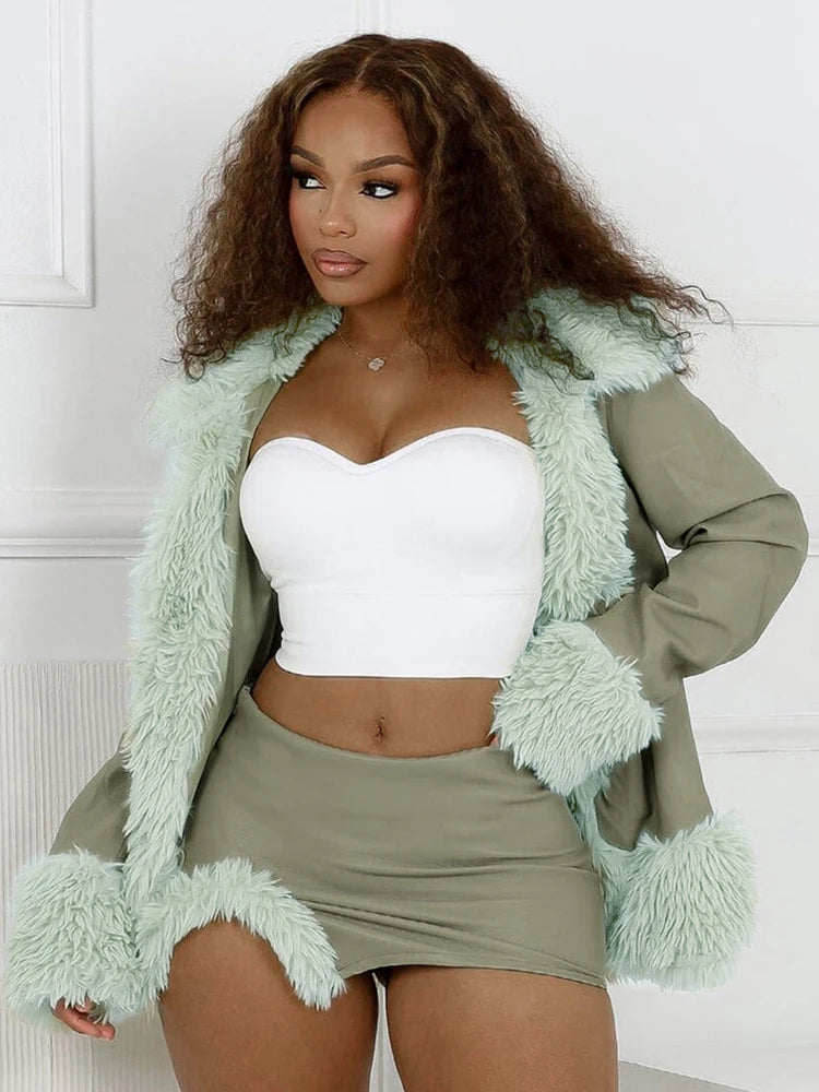 Weird Puss Furry Edges Luxury 2 Piece Set Women Cardigan Jacket+Split Peach Hip Skirts Matching Streetwear Winter Warm Outfits