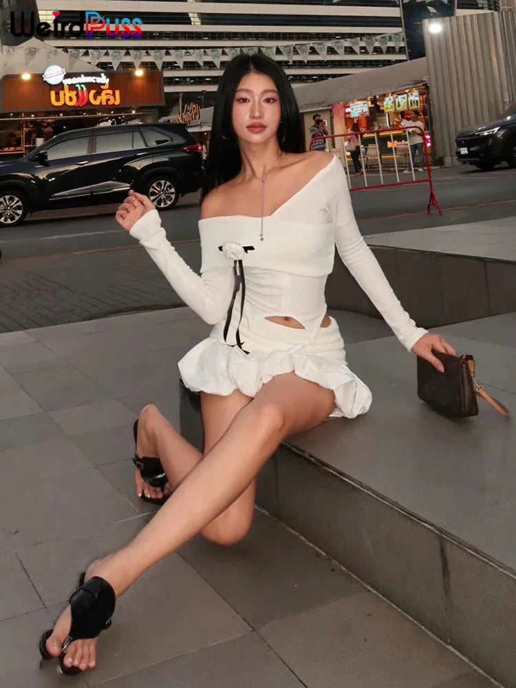 Weird Puss Solid Irregular 2 Piece Set Women Slash Neck Strapless Applique Crop Tops+Mini Skinny Pleats Skirts Elegant Sexy Suit