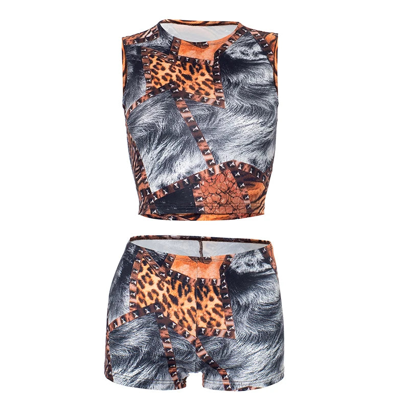 Weird Puss Leopard Print Patchwork 2 Piece Set Women O-Neck Sleeveless Crop Tops+Skinny Shorts Matching Hottie Sexy Suit Outfits D4