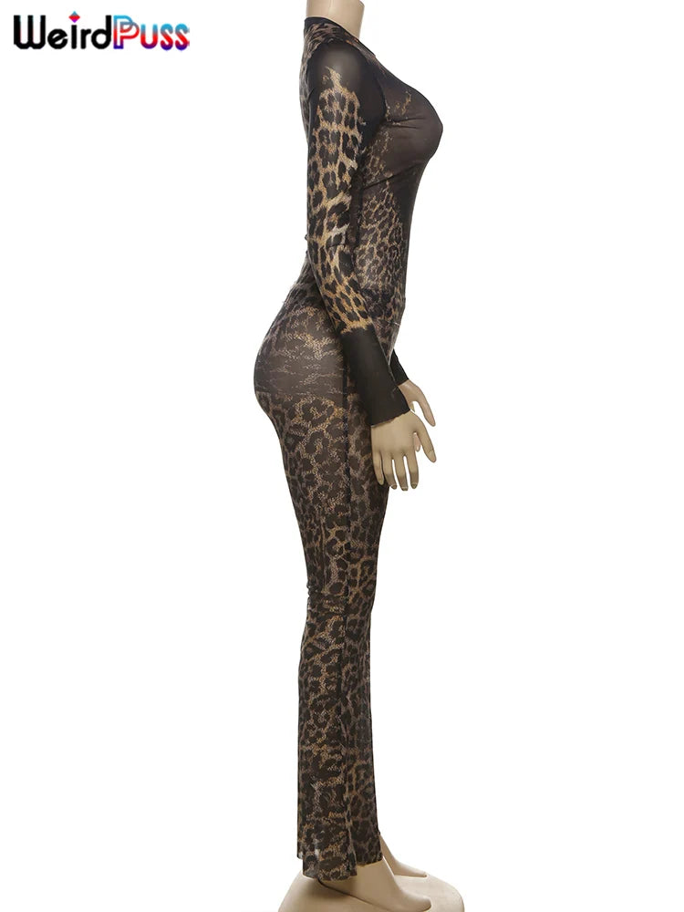 Weird Puss Leopard Print Sexy 2Piece Set Women See Through Midnight Full Sleeve Crop Tops+Pants Matching Clubwear Skinny Outfits