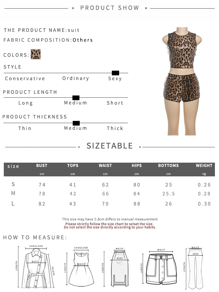 Weird Puss Sequins Leopard Print 2 Piece Set Women Tracksuit Summer Trend Tank Tops+Shorts Matching Skinny Streetwear Outfits D4