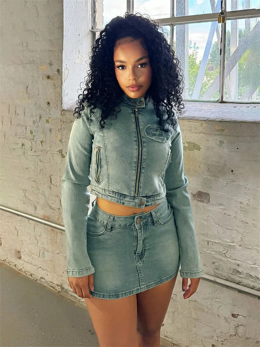 Weird Puss Denim Embroidery 2 Piece Set Women Trend Waistless Zipper Long Sleeve Button Neck+Stretch Number Logo Mini skirt Suit